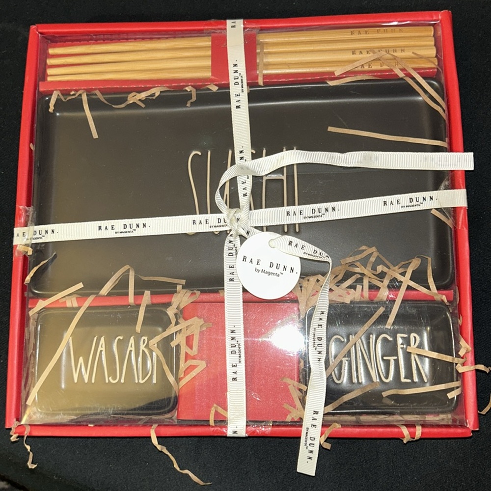 NWT Rae Dunn Black and Red Sushi Set with Chopsticks - Picture 7 of 7